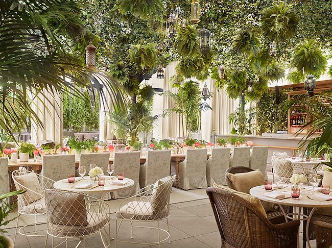 Fine dining restaurant interior with elegant table settings, warm lighting, and lush greenery in an intimate atmosphere. 